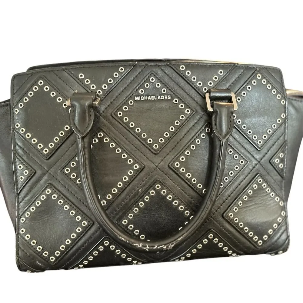 Michael Kors Selma Black‎ Leather Satchel Bag Diamond Grommet Accents